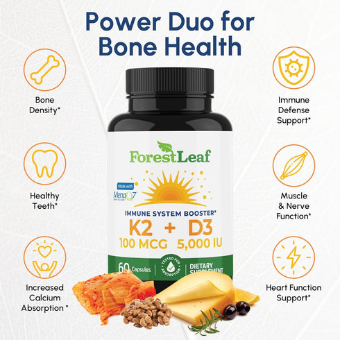 ForestLeaf Vitamin D3 + K2 (MK7) Supplement - MenaQ7 - Calcium and Vitamin D3 5000 IU Max Absorption - Teeth and Bone Strength, Heart Health, Immu...