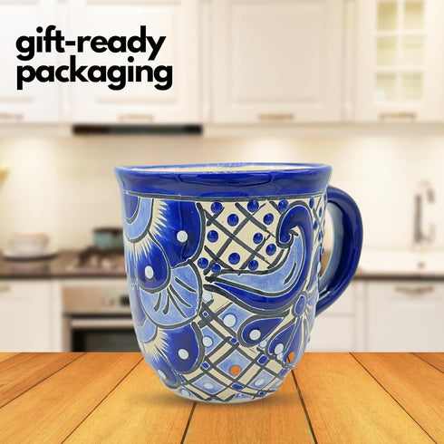 Talavera Mug - Hand Painted Mexican Coffee Mug - Authentic Mexican Decor - Blue and White - Taza Mexicana Azul Blanco...