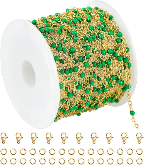 KYUNHOO 16.4 Feet Gold Plated Jewelry Chain Roll Stainless Steel Cable Chain Links Green Bead Rosary Chains with Jewelry Findings for Necklace Bra...