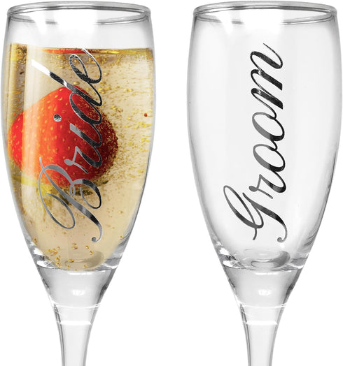 BANBERRY DESIGNS Bride and Groom Champagne Glasses Set of 2 Elegant Toasting Flutes Silver Wedding Champagne Set Wedding Glasses 6 oz...