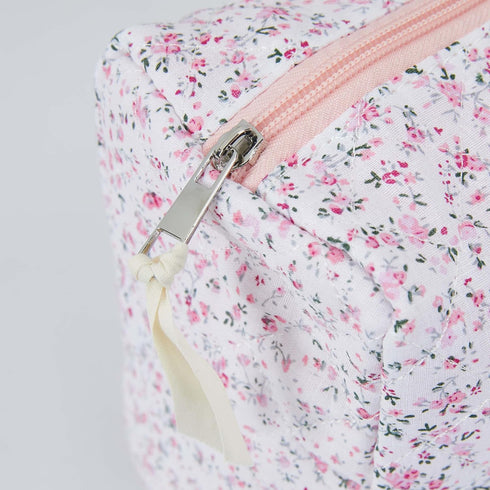 Quilted Cosmetic Bag for Women (Pink Flowers), Cotton Makeup Bag, Kawaii Cosmetic bag, Floral pouch, Floral cosmetic bag, Large Travel Toiletry Ba...