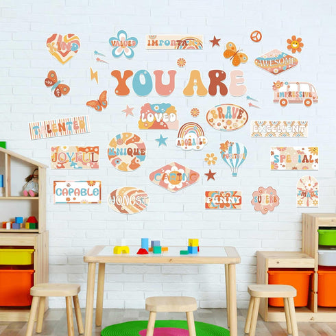 Boho Bulletin Board Decorations,Groovy Affirmation Station Bulletin Board Set,Rainbow Bulletin Board Decor for Classroom,Hippie Positive Affirmati...