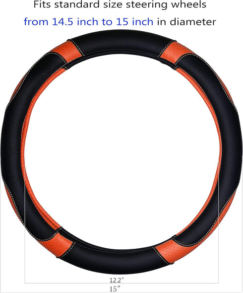 Leather Steering Wheel Cover, Breathable, Anti Slip & Odor Free, Black and Orange...