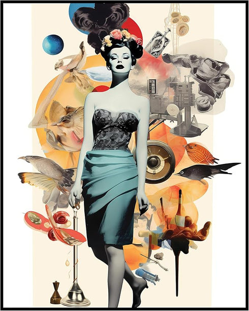 Posterizer 1 pcs-vintage fashion woman with animals sci fi collage-Abstract & Modern Art-Retro Art-Gift for Women, Fashionistas, Designer Fashion ...