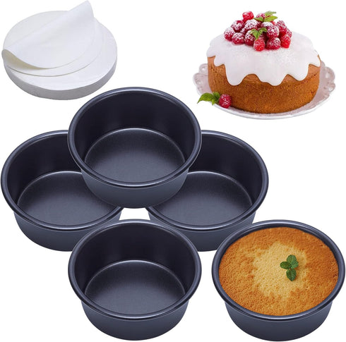 4 Inch Cake Pan Set of 5, Nonstick Cheesecake Round Cake Pans with 100 Pieces Parchment Paper, Mini Cake Tins for Baking, Non-Toxic & Leakproof Ci...