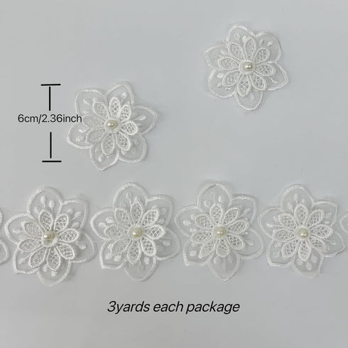 3Yards White Flower Lace Pearl Trim,Embroidered Sewing Lace Applique for DIY Sewing Crafts Wedding Dress Home décor...