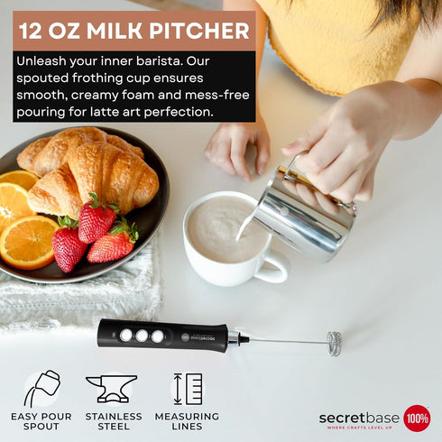Secretbase Rechargeable Milk Frother Mixer Cordless USB, Charging Base and SS Pitcher - 3 Speed Milk Frother Handheld, Double-thickness Whisk, Tin...
