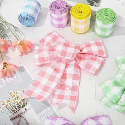 Spring Wired Edge Ribbon 30 Yards Pastel Buffalo Plaids Craft Ribbon Light Blue Yellow Pink Purple Green Decorative Fabric Ribbon for Easter Wreat...