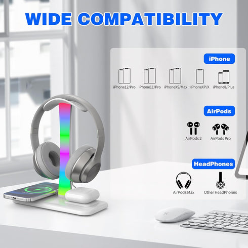 5 in 1 Headphone Stand with 15w Wireless Charger, Fast Wireless Charging Station Headset Holder for iPhone 15/14/13/12/11/XS/XR/X, Air Pods 3/2/Pr...
