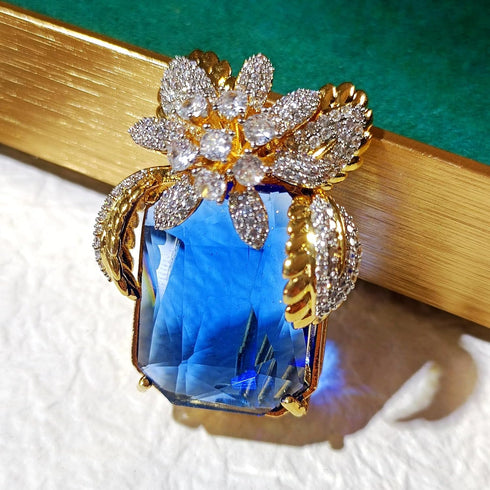 Gorgeous Floral Cobalt Blue Large Faceted Stone Brooch Gold Tone...
