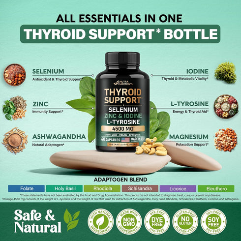Thyroid Support for Women - Selenium 200 mcg | Zinc & Iodine | L-Tyrosine | Magnesium | Adaptogen Herbs - 20-in-1 Antioxidant & Immune Support - V...