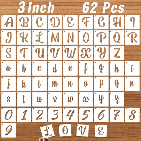 3 Inch Letter Stencils for Painting on Wood, 62 Pcs Calligraphy Alphabet Stencils and Number Stencils, Cursive Lettering Stencil Upper and Lowerca...