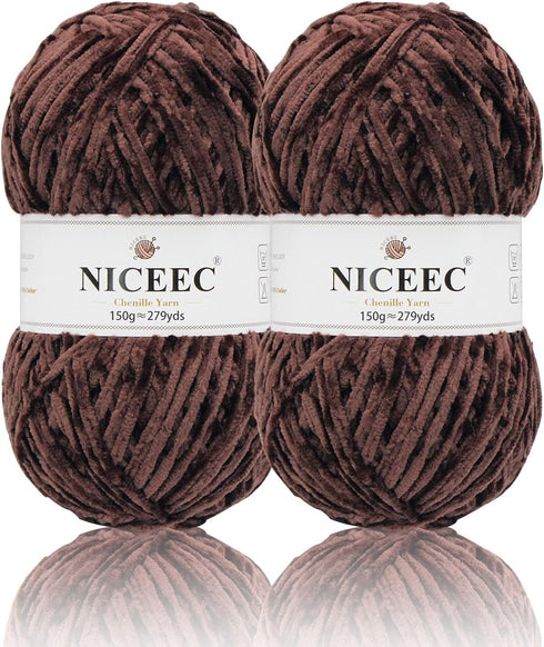 NICEEC 2 Skeins Soft Chenille Yarn Blanket Yarn for Knitting Fancy Yarn for Crochet Weaving DIY Craft Total Length 2×255m (2×279yds, 2×150g)_Coffe...
