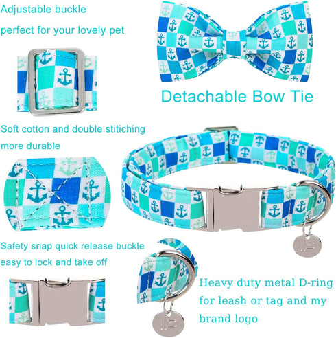 Dog Collar with Bow Tie, Comfortable Cotton Summer Dog Bowtie Collar, Durable Metal Buckle Cute Pet Collar for Medium Girl Boy Dog, M, Neck 13.5-2...