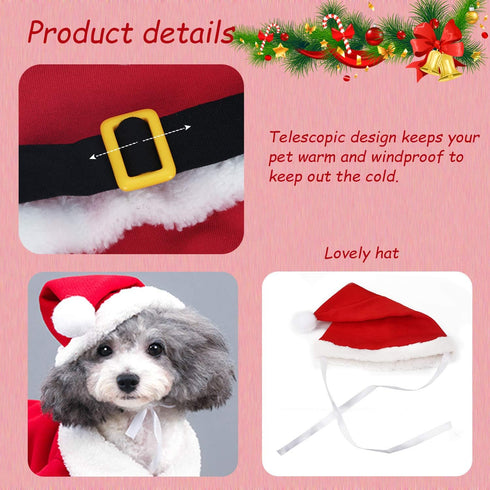 QETRABONE Small Santa Dog Cat Costume Christmas Pet Clothes Outfits Red Christmas Santa Claus Hat Scarf Cosplay Dressing up Xmas Party New Year Cl...
