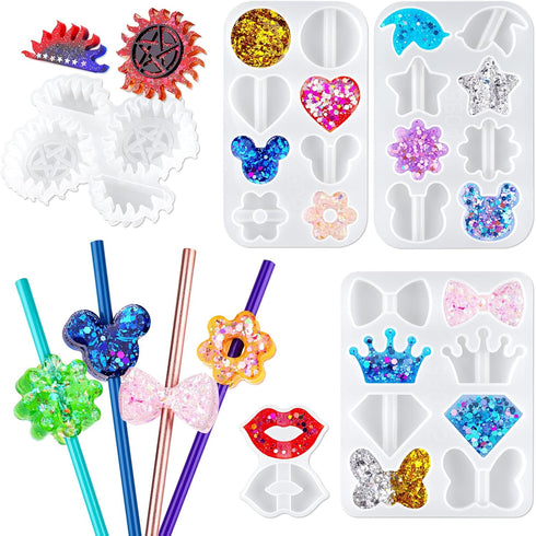 NiArt 8mm Straw Topper Epoxy Resin DIY Casting Silicone Mold Kit, 5 Molds with 14 Shapes Lip/Gear/Heart/Star/Crown/Diamond/Butterfly/Sunflower/Bir...