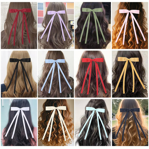 12 PCS Hair Bows for Women, Hair Ribbon with Long Tail Bowknot Hair Clips for Women Girls, Hair Barrettes with Bow Accessories (12 Color mixing)...