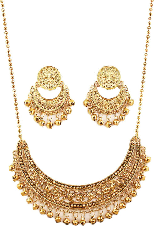 Touchstone Indian Bollywood Traditional Crescent Half Moon Theme Filigree Work Long Artistic Designer Jewelry Necklace Set In Antique Gold Tone Fo...