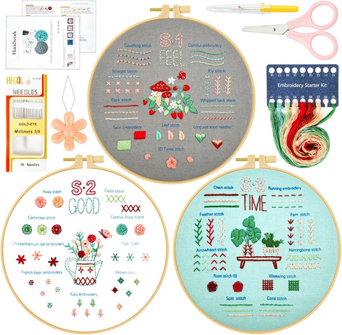 Ponpon 3 Sets Embroidery Kit for Beginners, Embroidery Kit for Adults with Follow Instruction, Cross Stitch Kits with Wooden Embroidery Hoops (Stl...