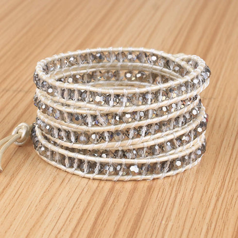 KELITCH New Gray Crystal Beaded 5 Wrap Bracelet On Leather Friendship Bracelets Jewelry for Womens...