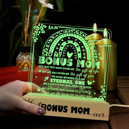 Bonus Mom 3D Illusion Lamp w Wooden Base USB Powered Acrylic Night Light, Mom Gift from Son Daughter, Lamp Present for Mother Stepmom Bonus Mom, H...