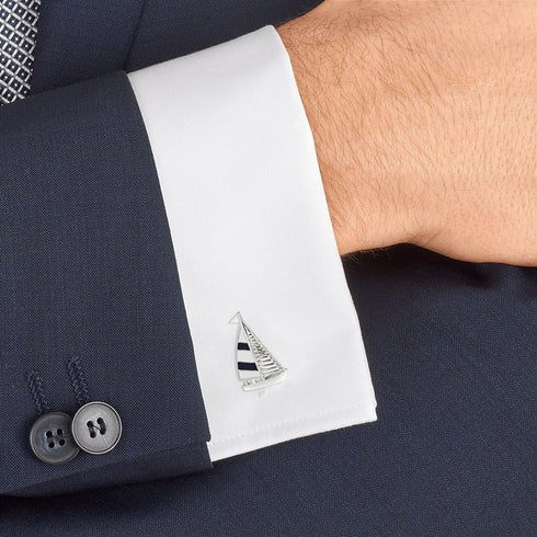 Mr.Van Navy Blue Sail Boat Cufflinks Classic Fashion Modern Stripe Cufflinks Blue and Silver...