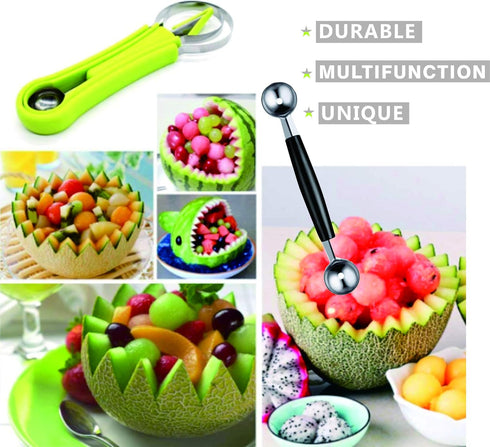 DIANCHU 2 Pieces Melon Baller Scoop Set, 4 In 1 Stainless Steel Fruit Scooper Fruit Tool Set Melon Baller Carving Knife Fruit Scooper Seed Remover...