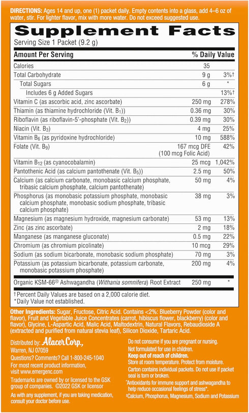 Emergen-C Vitamin C Ashwagandha Drink Mix, Dietary Supplement for Immune Support, Berry Blend - 18 Count...
