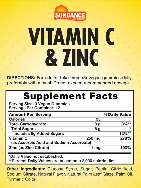 Sundance Vitamin C and Zinc Gummies | 36 Count | Lemon Flavor | Vegan, Non-GMO, and Gluten Free Supplement...