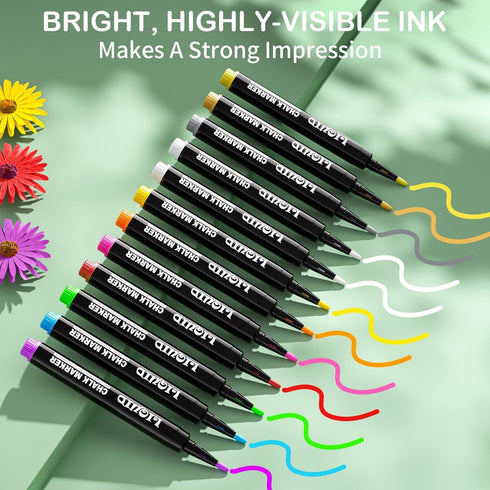 Chalk Markers - 12 Vibrant, Erasable, Fine Tip, Includes 3 Metallic Liquid Chalk Markers - Wet Erase Markers Fine Point - Chalk Board Pens for Acr...