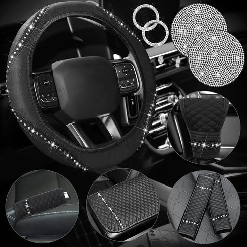 10 Pcs Bling Car Accessories Set for Women Girl Rhinestones Leather Accessories Bling Steering Wheel Cover Armrest Cover Gear Shift Cover Seat Bel...
