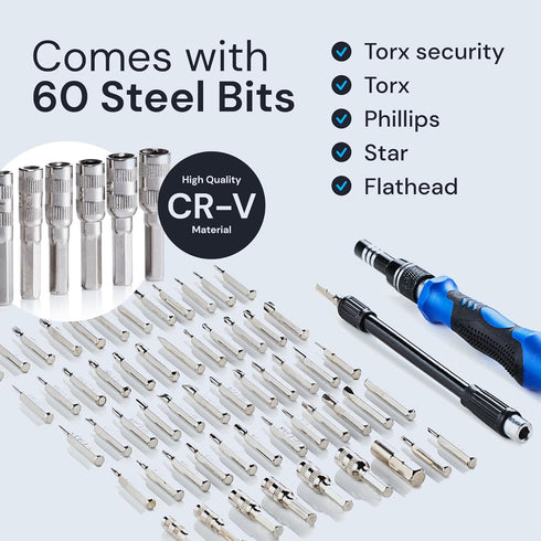 Precision Screw Driver Set - 60 in 1 Various, Magnetic Bits Screwdriver Kit with Extension Rod- Multi-Piece Craftsman Tools with Case- Laptop, Mob...