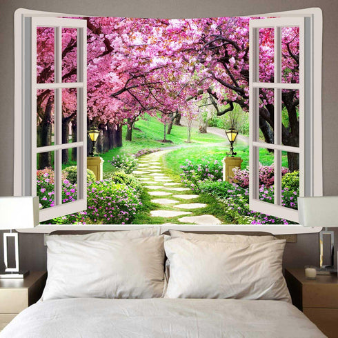 Japanese Cherry Blossom Window Tapestry Tree Forest Path Pink Flowers Window Tapestry Botanical Floral Natural Landscape Aesthetic Tapestry for Li...