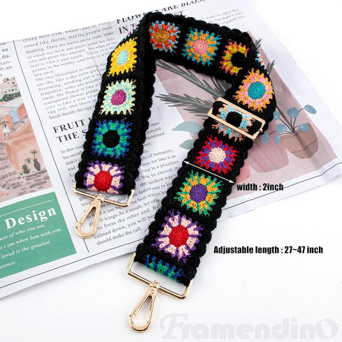 Framendino, Crochet Flower Purse Straps Replacement Crossbody for Handbags Black Adjustable Flower Bag Strap 2 Inch Wide Adjustable Bag Strap...