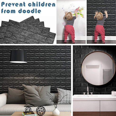 10 PCS Black 3D Wall Panels, 14.5 sq.feet Coverage, Printable Wallpaper Sticker with Self-Adhesive Waterproof Brick PE Foam Wall Panels Peel and S...