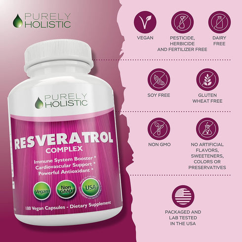 Purely Holistic Resveratrol 1450mg, 90 Servings, Trans-Resveratrol Antioxidant Supplement with Vitamin C and Polyphenol Complex, 180 Vegan Capsule...
