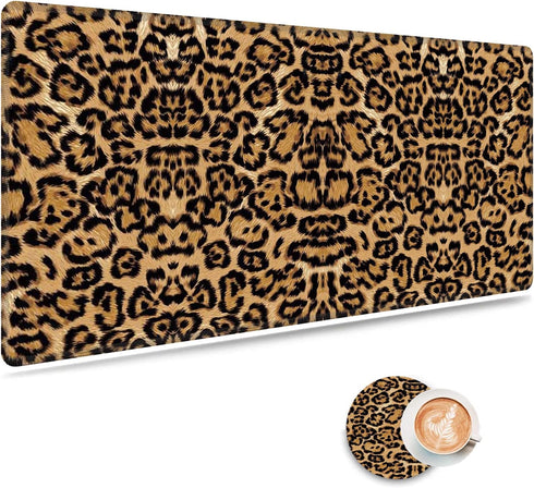 Extended Gaming Mouse Pad with Stitched Edges,Large Non-Slip Rubber Base Mousepad,for Studying Working Office Home,Coffee Cup Coasters,Leopard Pri...