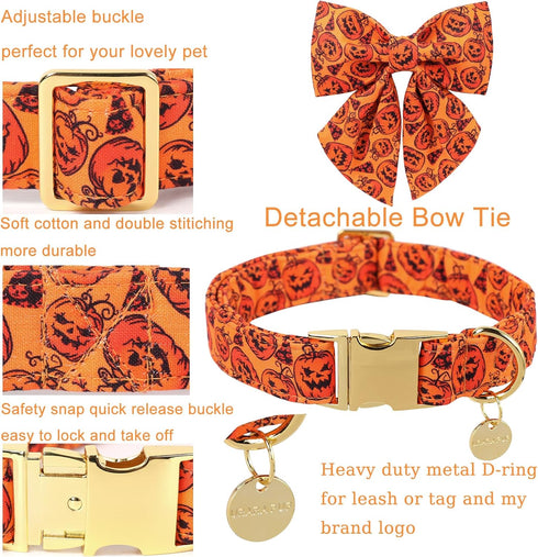 Halloween Dog Collar with Bow Tie, Pumpkin Cotton Bowtie Collar for Puppy Girl Dog or Cat, Halloween Bow Tie Collar with Durable Metal Buckle, Ado...