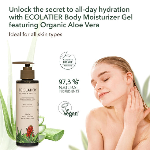 Organic Aloe Vera Body Moisturizer Gel, ECOLATIER - 97.3% Natural, Vegan aloe vera gel for face - Intensive Hydration & Skin Toning - 6.7 Fl Oz...
