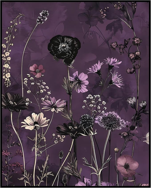 Posterizer 1 pcs-gothic dark flowers with purple background-Floral & Botanical Art-Abstract & Modern Art-Decor for Home & Office- UNFRAMED Wall Ar...