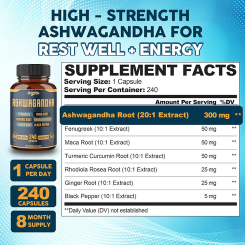 240 Capsules - 8 Month Supply - 7in1 Ashwagandha 8050mg - Combined with Fenugreek, Maca, Turmeric, Rhodiola, Ginger, and Black Pepper - Mood, Stre...