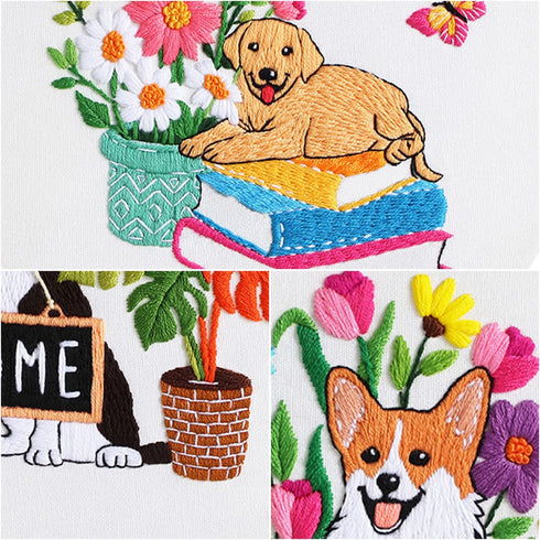 Louise Maelys 3 sets Dog Embroidery Kits for Beginners with Animal and flowers pattern,Adults Starter Cross Stitch Kit DIY Needlepoint Kits...