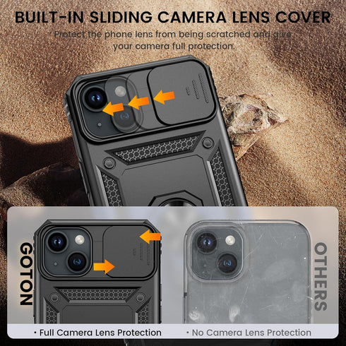 Goton for iPhone 15 Case with Screen Protector - Slide Camera Cover Protective Phone Case with Ring Stand, Heavy Duty Shockproof Rugged Bumper for...