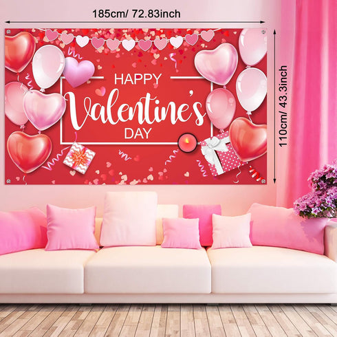Sumind Happy Valentine‘s Day Banner 73''x43'' Heart Photography Backdrop Large Valentines Day Background Party Decorations Photo Booth Prop(Red Ba...
