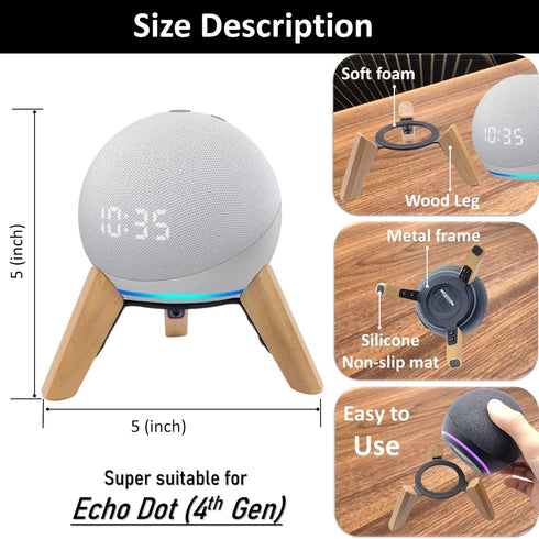 Real Wood Stand for ech0 Dots(4th Gen)(5th gen), Compatible with Smart Speaker to Decorate Table,Wooden Mount with Metal Frame, Anti-Slip Silicone...