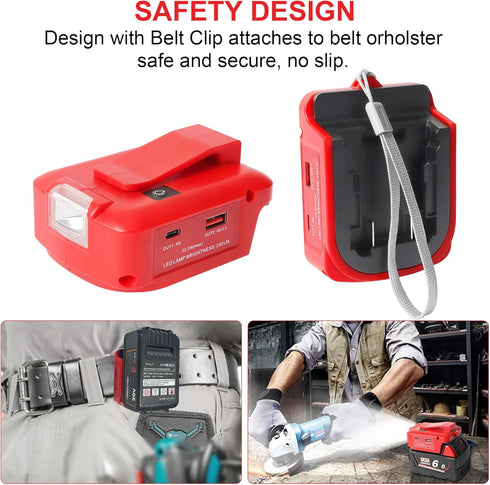 Multi-Functional Power Adapter Compatible with DEWALT and Milwaukee Batteries with Dual USB Ports and 12V DC Port Three-mode work light-Compatible...