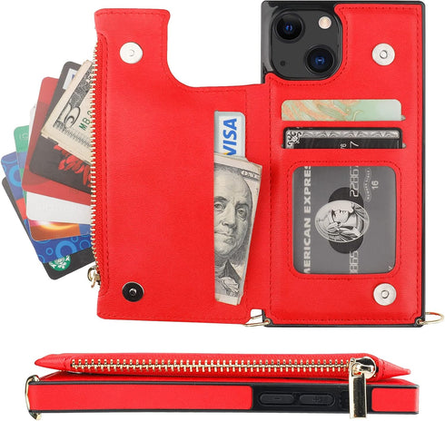 Bocasal Crossbody Wallet Case for iPhone 13 with RFID Blocking Card Slot Holder, Magnetic Flip Folio Purse Case, PU Leather Zipper Handbag with De...