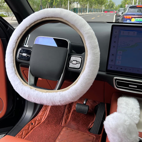 Soft Fluffy Car Steering Wheel Cover, Fuzzy Fur Winter Protector Car for Women,Warm,Anti Slip,1 Set of 3 Pieces,White...
