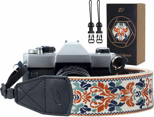 Padwa Lifestyle Camera Strap - 2" Retro Jacquard Embroidery Camera Straps Adjustable,Wide Camera Neck/Shoulder Strap with Genuine Leather Head for...