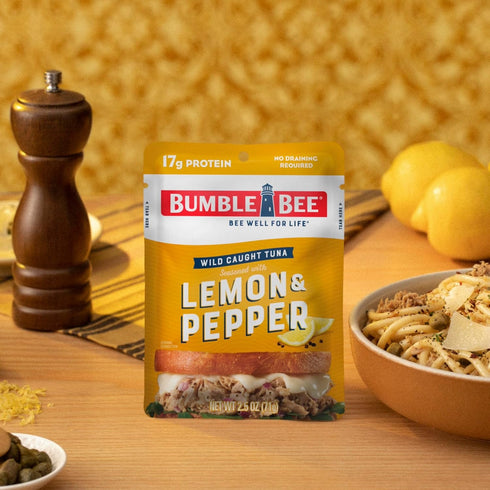 Bumble Bee Lemon & Pepper Seasoned Tuna, 2.5 oz Pouch - Ready to Eat - Wild Caught Tuna Packet - 17g Protein per Serving - Gluten Free...